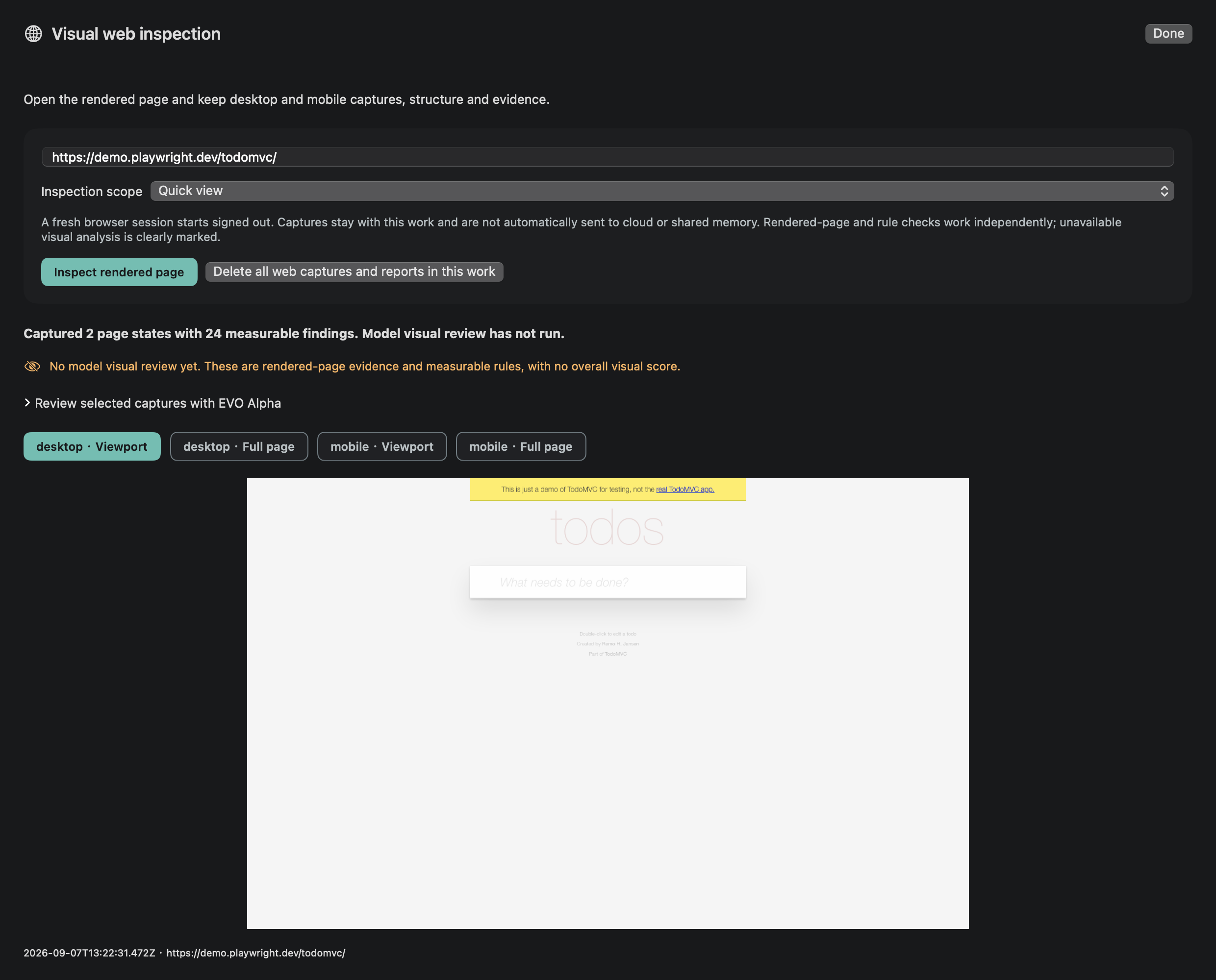 Actual Alpha Mac inspection report in English for a public TodoMVC demo: desktop and mobile captures, recorded checks, and an explicit message that model visual review has not been performed.